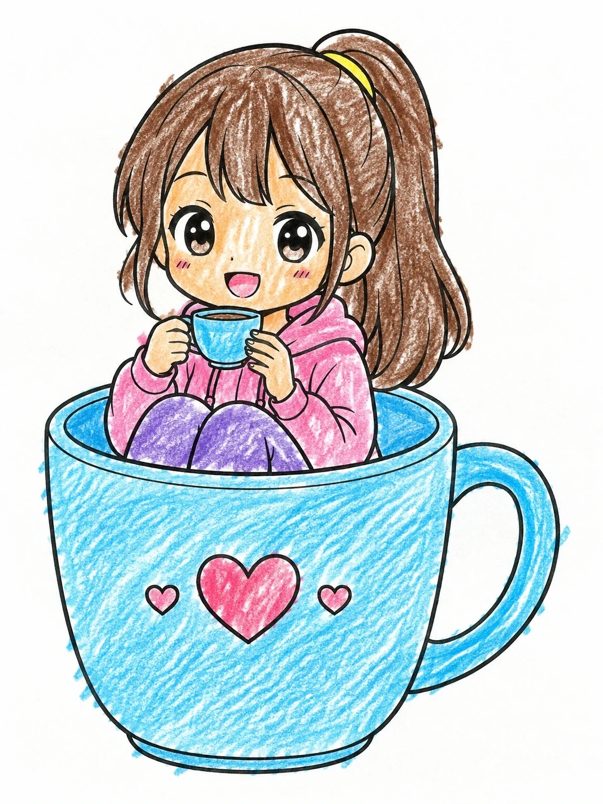 Colored example of the Cute Chibi Girl In A Mug coloring page