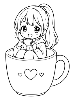 A sweet chibi girl sits inside a giant mug in this yampuff food coloring page.