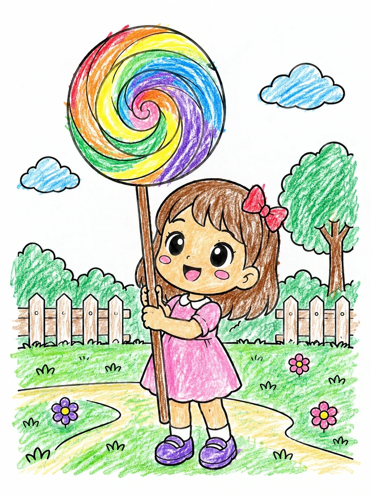 Colored example of the Chibi Girl With Giant Lollipop coloring page