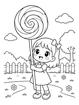 A cute chibi girl holds a giant lollipop in this sweet yampuff food coloring page outdoors.