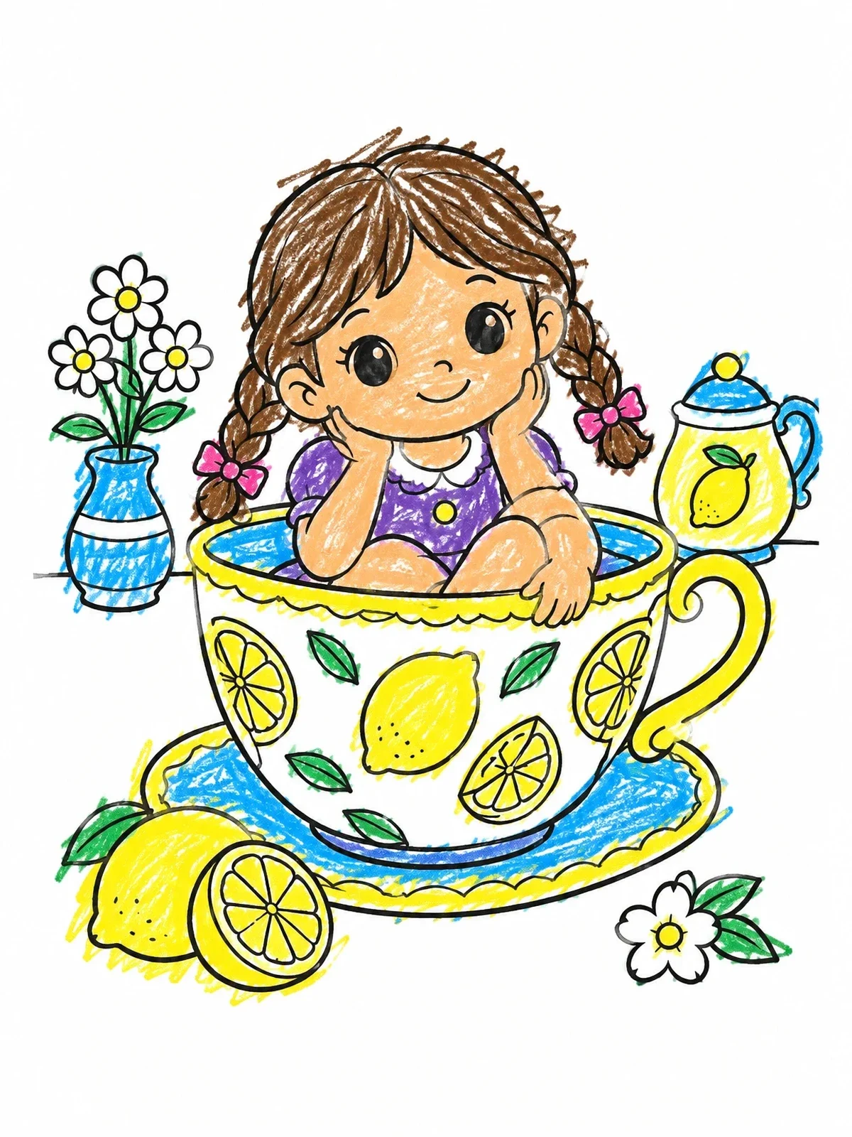 Colored example of the Chibi Girl In Lemon Teacup coloring page