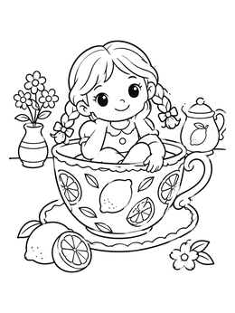A cute chibi girl sits inside a teacup in this yampuff food coloring page.