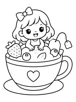 A sweet chibi girl in a teacup dessert in this yampuff food coloring page.