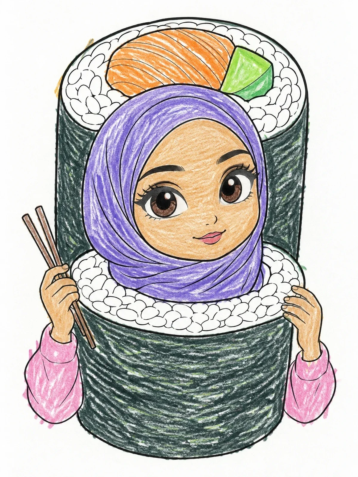 Colored example of the Chibi Hijabi Girl Inside Sushi Roll coloring page