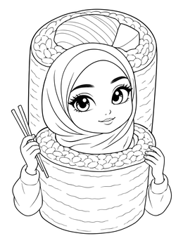 A cute girl wearing a hijab inside a giant maki roll on this yampuff food coloring page.