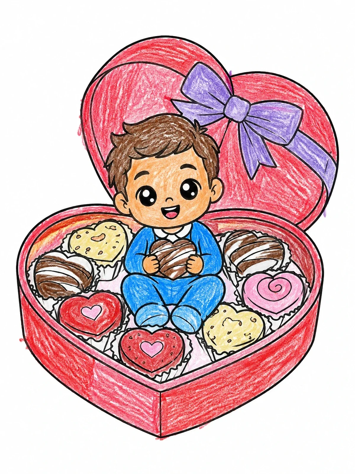 Colored example of the Cute Chibi In Valentine Chocolate Box coloring page