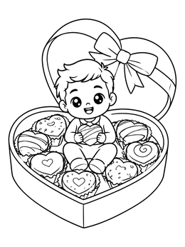 A cheerful baby sitting with chocolates in this sweet yampuff food coloring page.