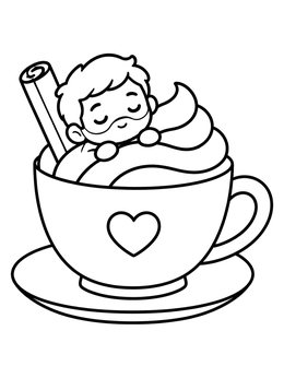 A cute yampuff food coloring page showing a sleeping chibi resting inside a warm teacup with whipped cream.