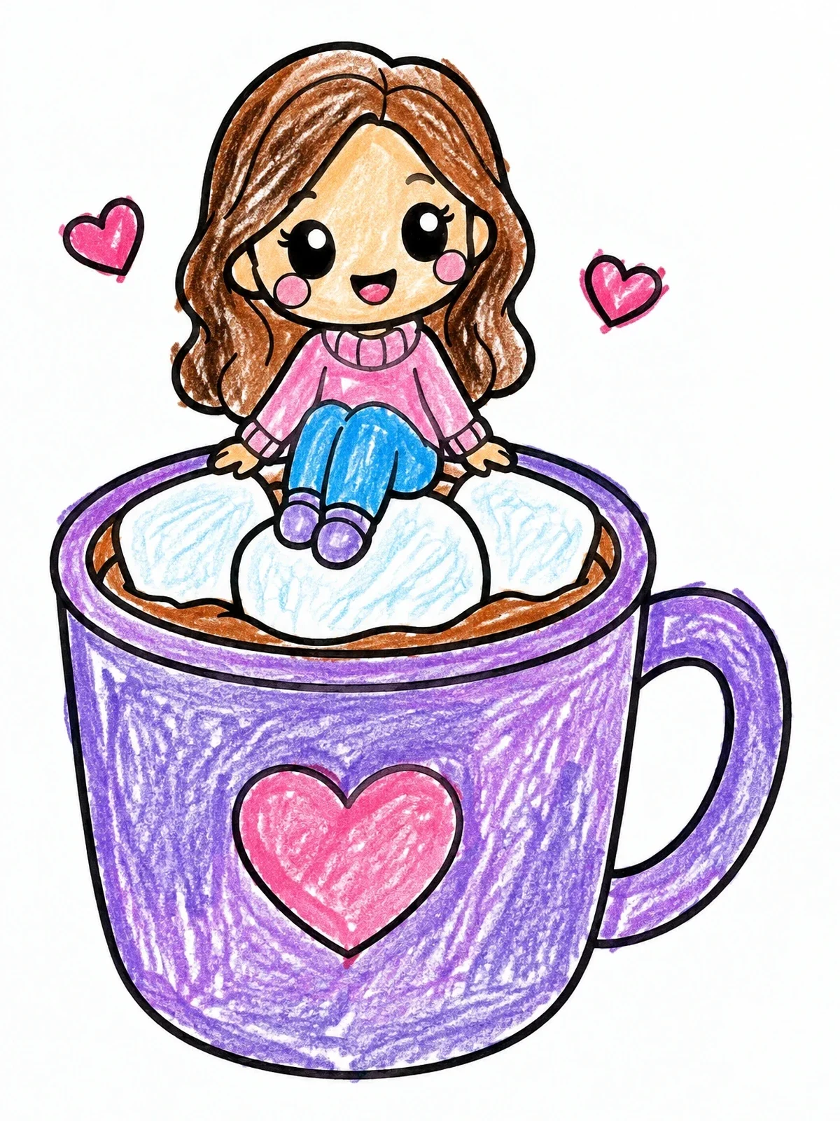 Colored example of the Cute Chibi Girl In Cocoa Mug coloring page