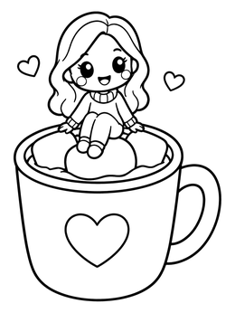 A sweet yampuff food coloring page of a chibi girl sitting on marshmallows in a hot cocoa mug.