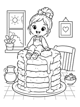 A cheerful girl sitting atop pancakes in this yampuff food coloring page.