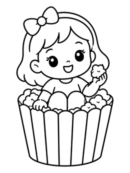 A sweet chibi girl sits inside a popcorn tub on this yampuff food coloring page.