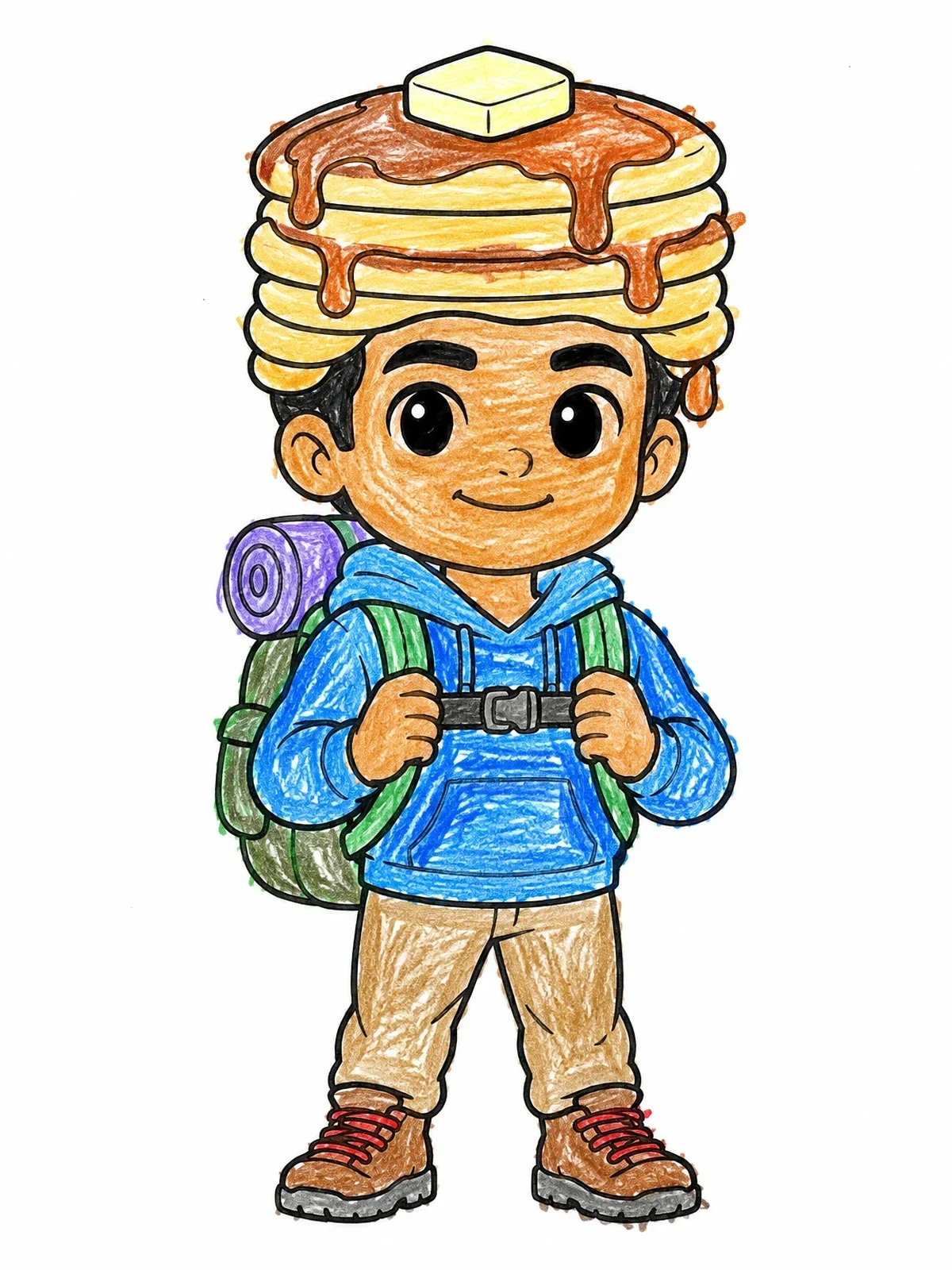 Colored example of the Cute Hiker With Pancake Stack Hat coloring page