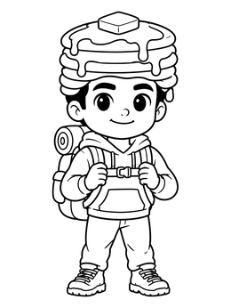A yampuff food coloring page of a chibi hiker boy wearing a pancake stack hat.