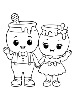 Two smiling honey pot chibi characters on this yampuff food coloring page.