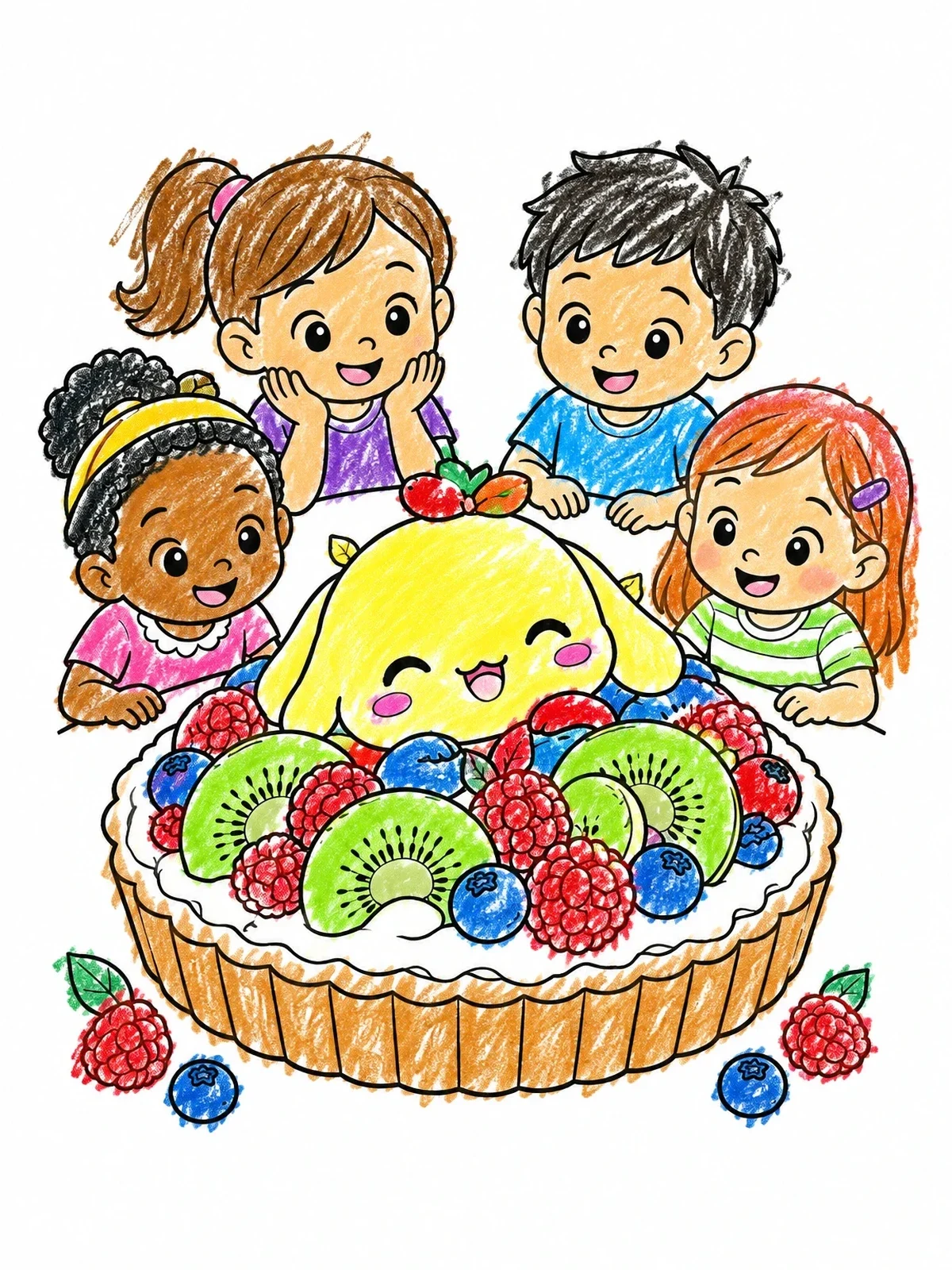 Colored example of the Happy Kids With Giant Fruit Tart coloring page