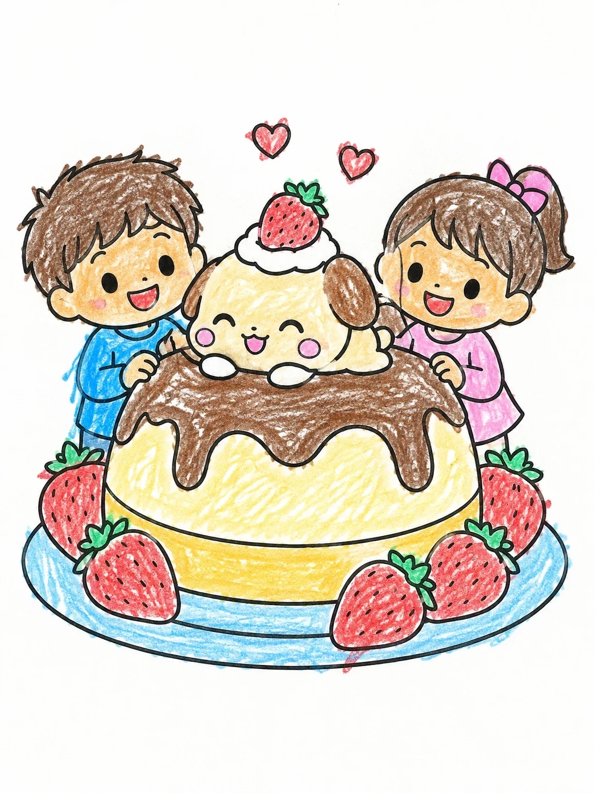 Colored example of the Cute Kids With Giant Pudding Cake coloring page