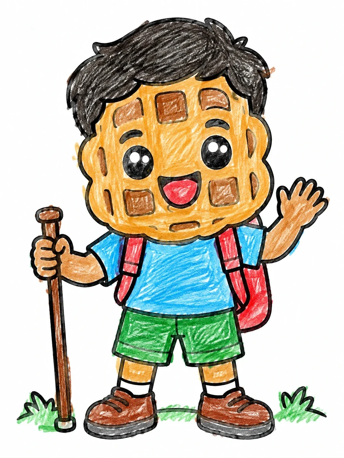 Colored example of the Cute Waffle Character On A Hike coloring page