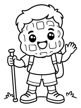 A happy waffle boy hiking on a yampuff food coloring page.