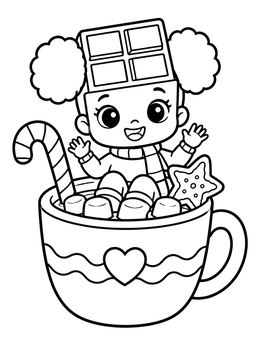 A cute chibi girl sits in a mug in this yampuff food coloring page.