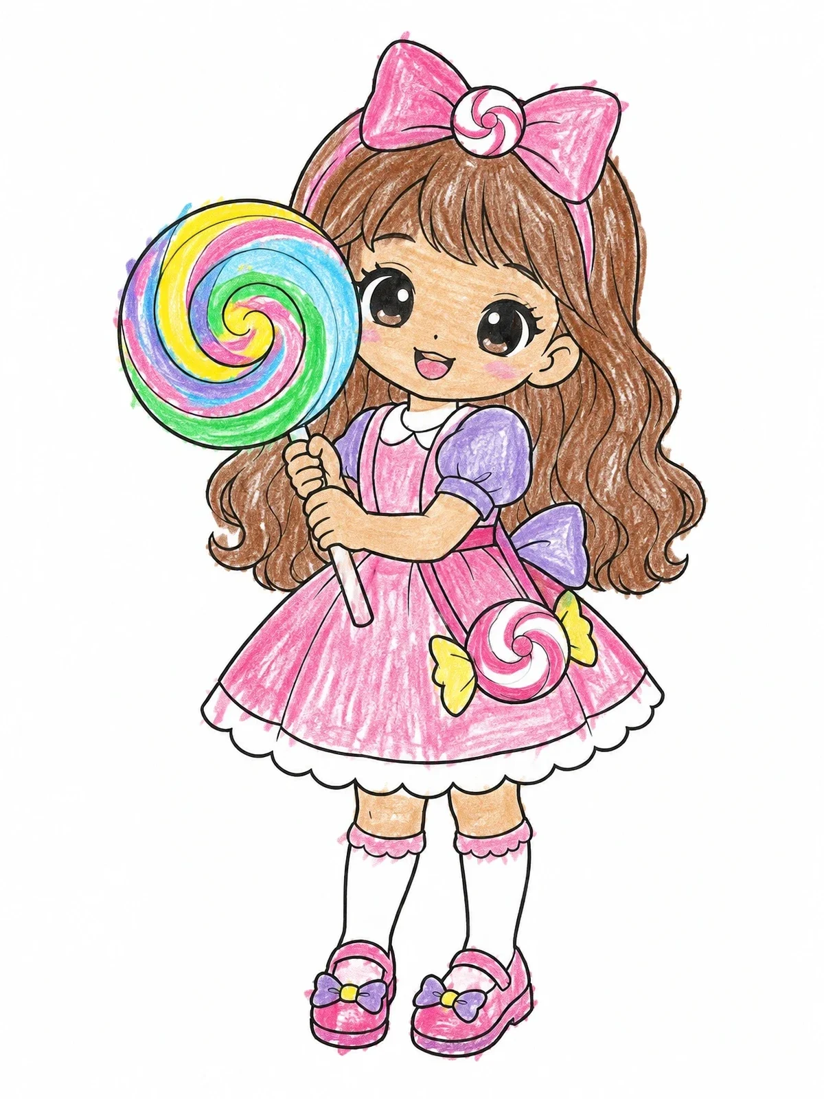 Colored example of the Sweet Chibi Girl With Giant Lollipop coloring page
