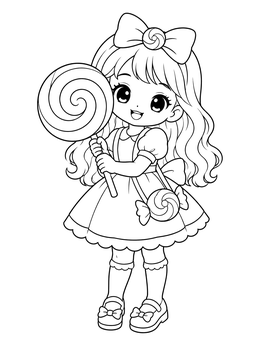 A cute anime girl holding a giant swirl candy in this yampuff food coloring page.