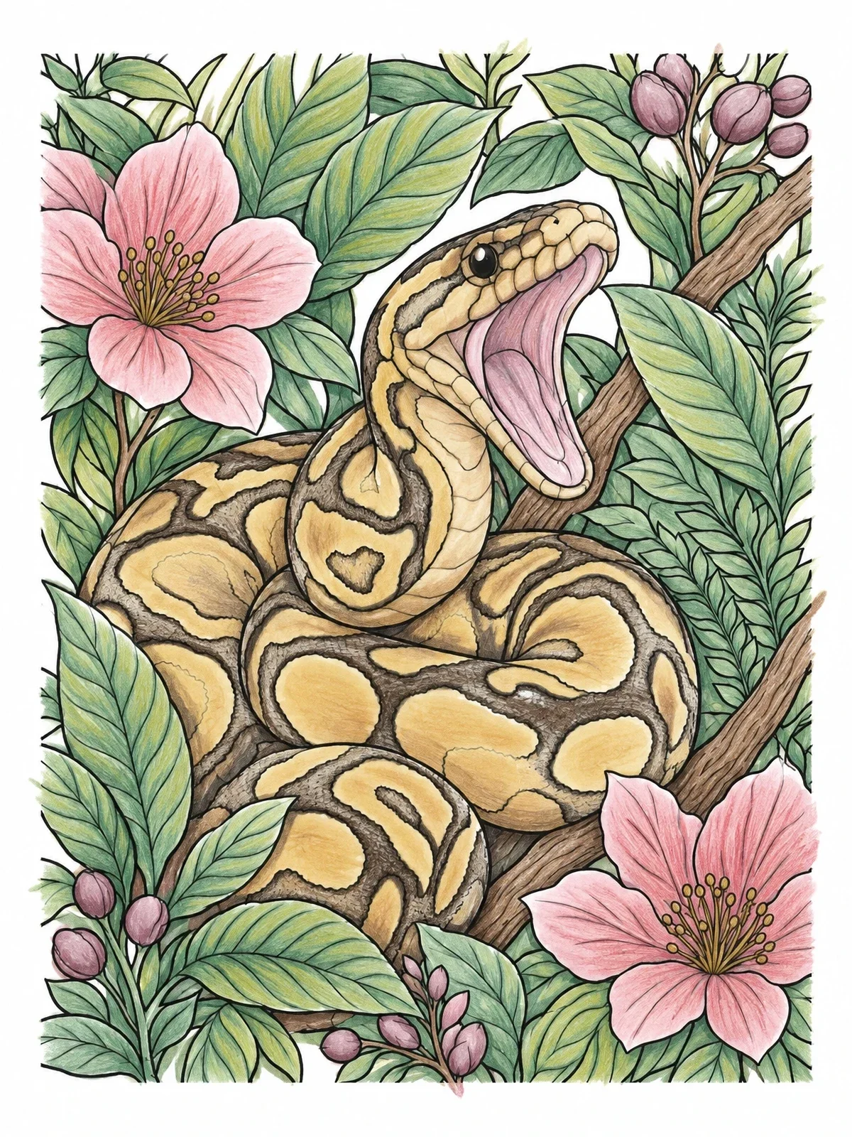 Colored example of the Yawning Ball Python In Foliage coloring page