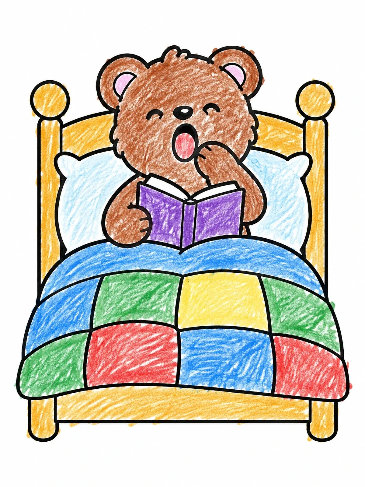 Colored example of the Yawning Bear In Cozy Bed coloring page