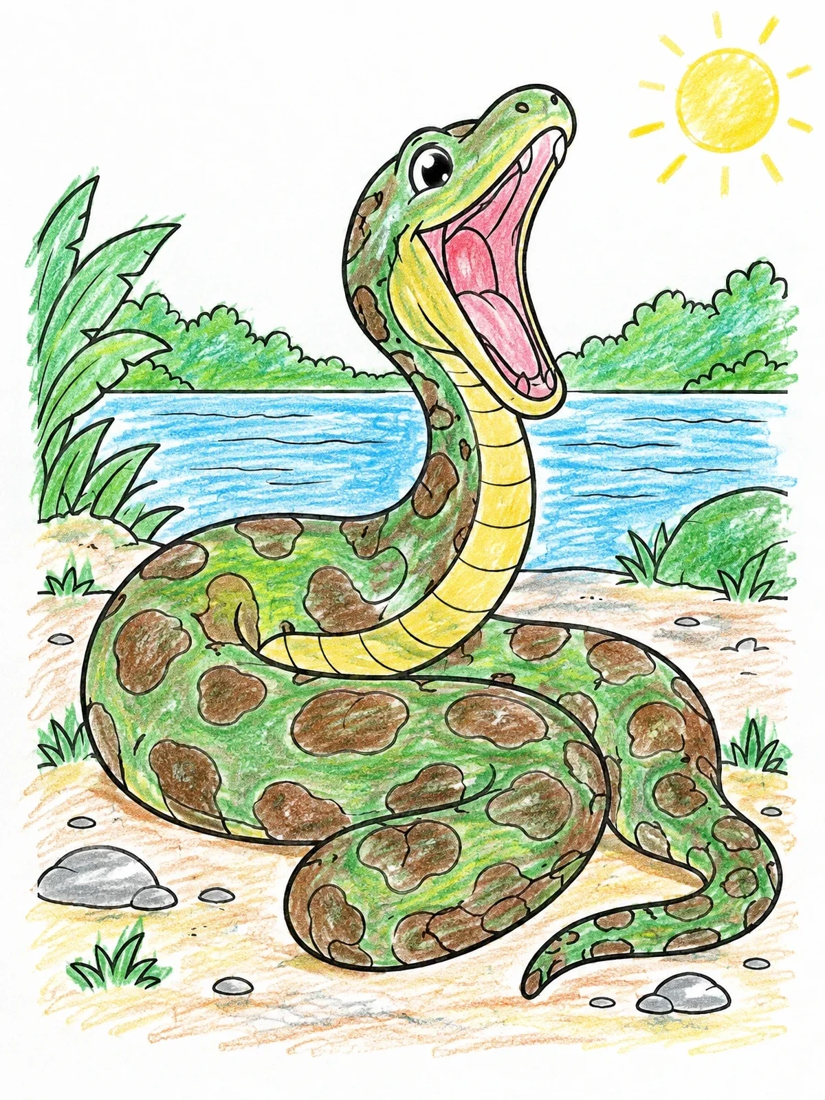 Colored example of the Yawning Cartoon Anaconda coloring page
