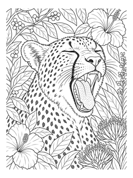 Detailed cheetah coloring page showing a close-up of a yawning cheetah surrounded by lush tropical flowers.