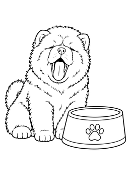 A yawning puppy sits by a large dish on this chow chow coloring page.
