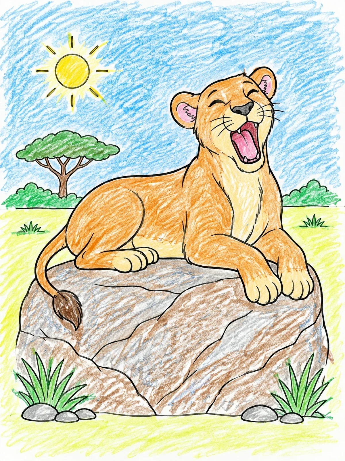 Colored example of the Yawning Lioness On A Sunny Rock coloring page