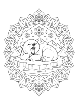 A yawning polar bear coloring page framed inside an intricate winter mandala.