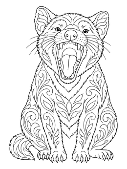 An intricate tasmanian devil coloring page showing the animal sitting and yawning with stylized body patterns.