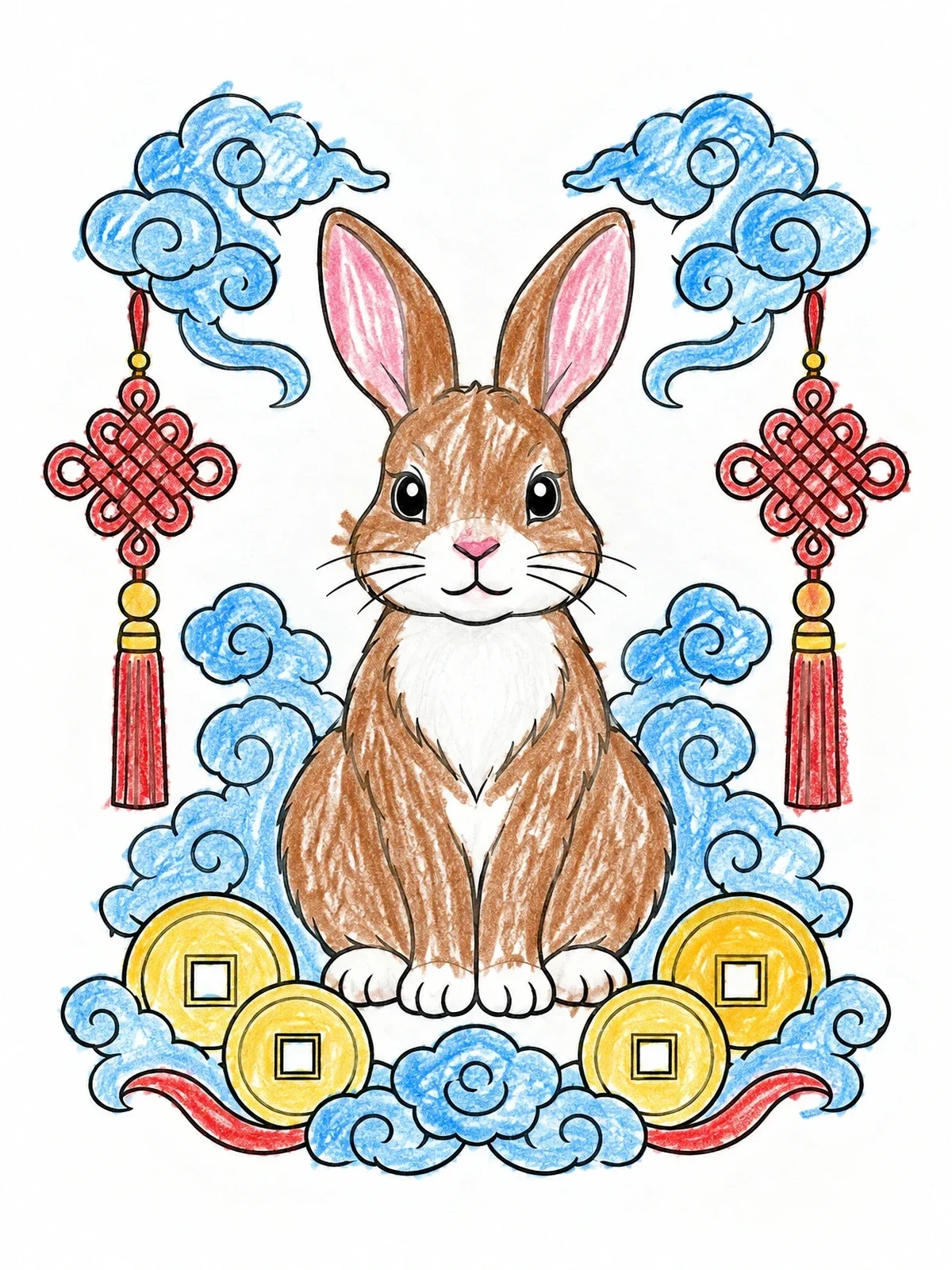 Colored example of the Zodiac Rabbit With Auspicious Symbols coloring page