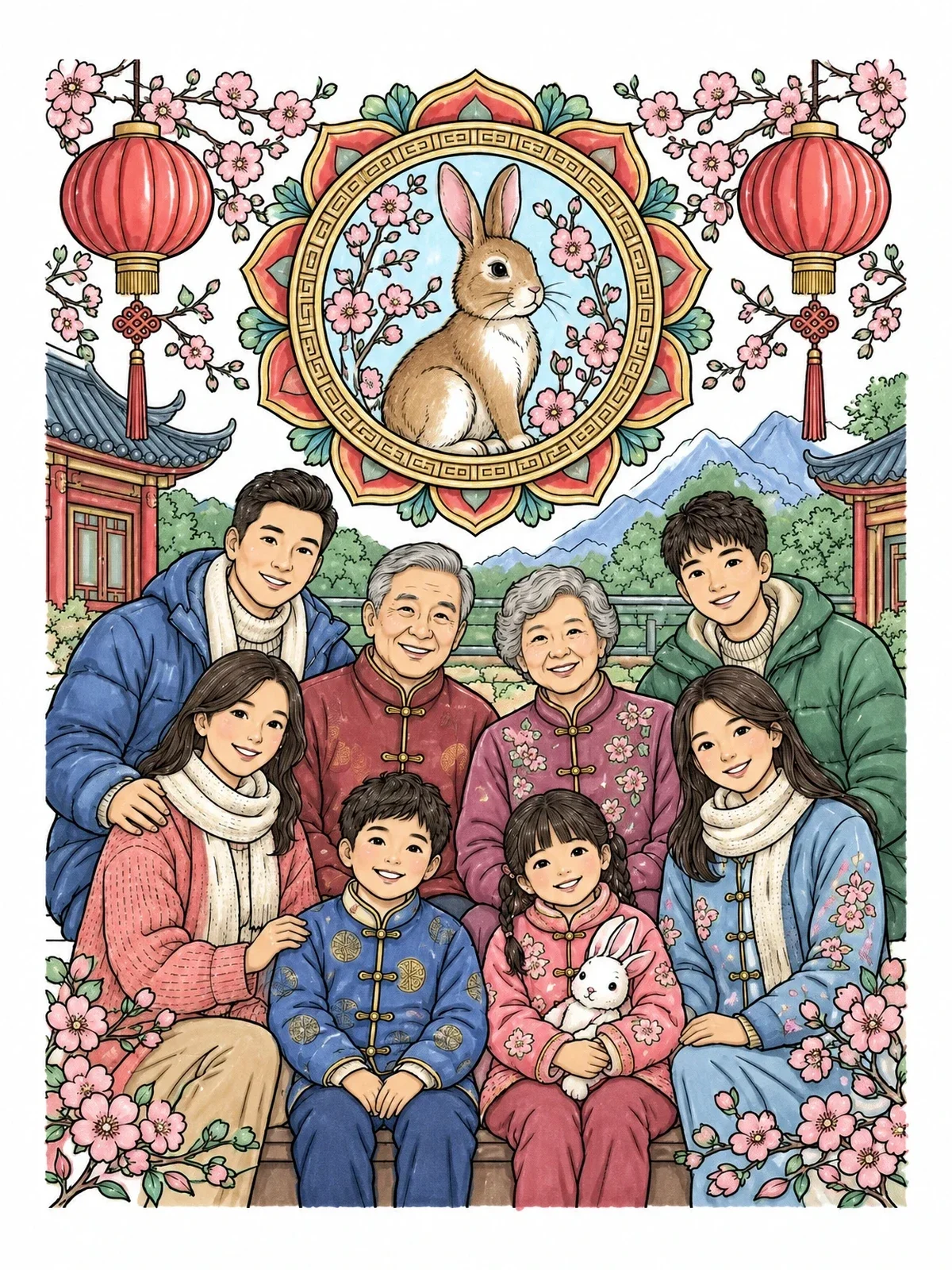 Colored example of the Family Celebration Of Zodiac Rabbit coloring page