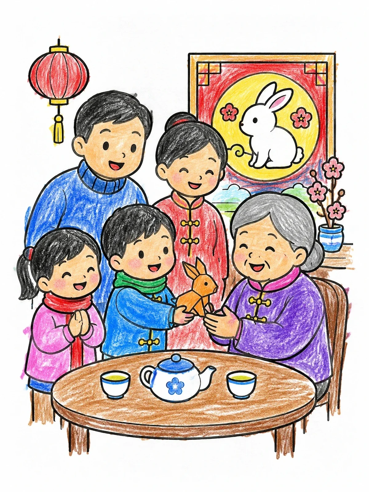 Colored example of the Family Celebrating Chinese Zodiac Rabbit coloring page