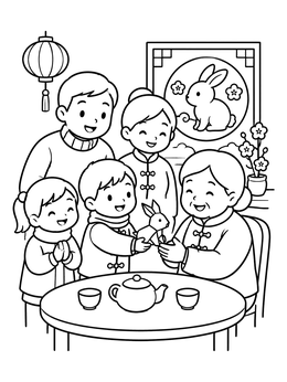 Free printable Family Celebrating Chinese Zodiac Rabbit coloring page