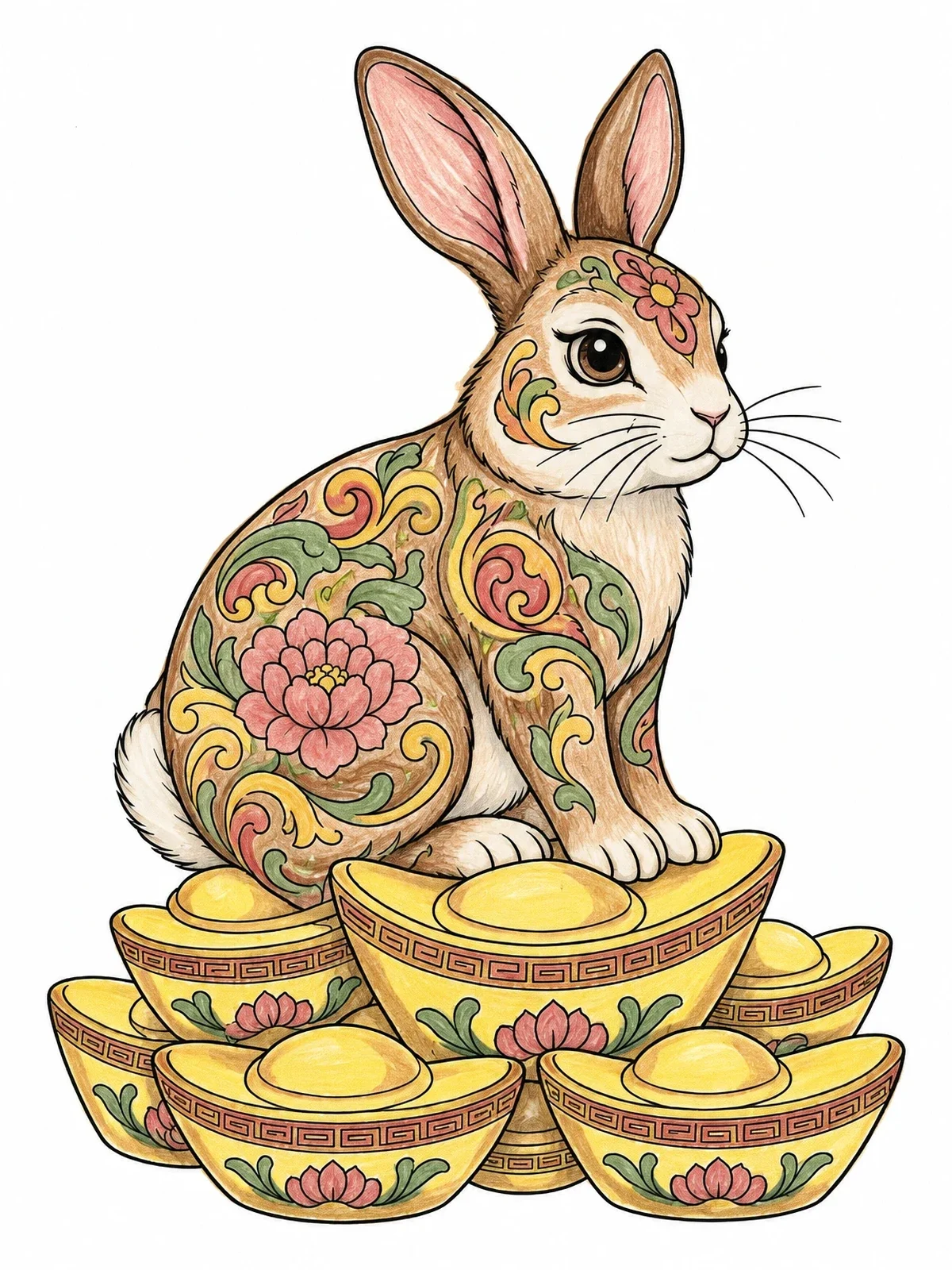 Colored example of the Chinese Zodiac Rabbit On Sycee Ingots coloring page