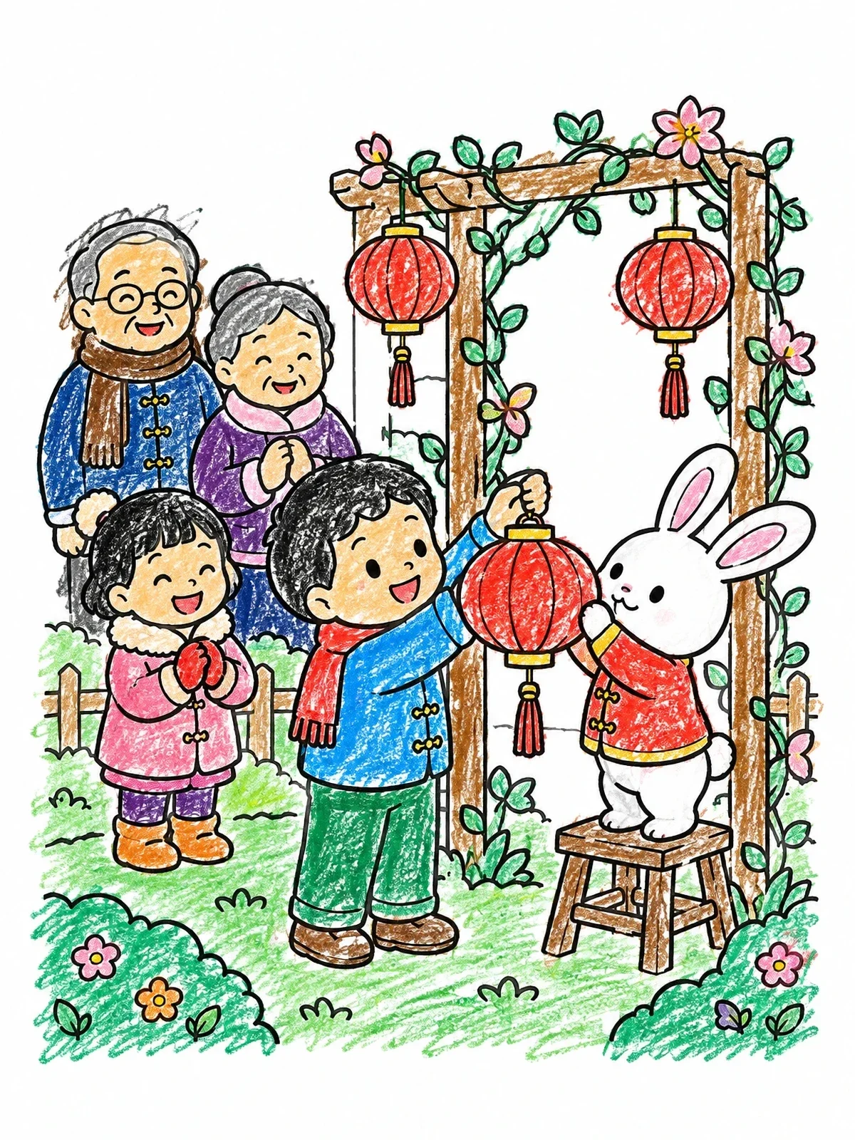 Colored example of the Family Hanging Lanterns With Rabbit coloring page