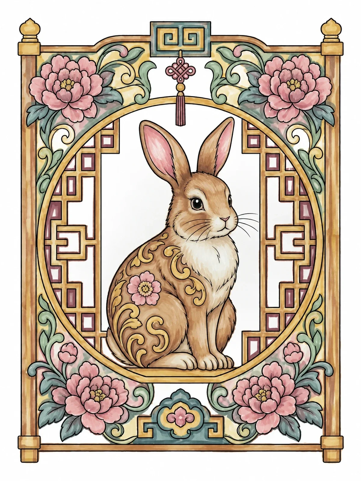 Colored example of the Chinese Zodiac Rabbit In Lattice Frame coloring page