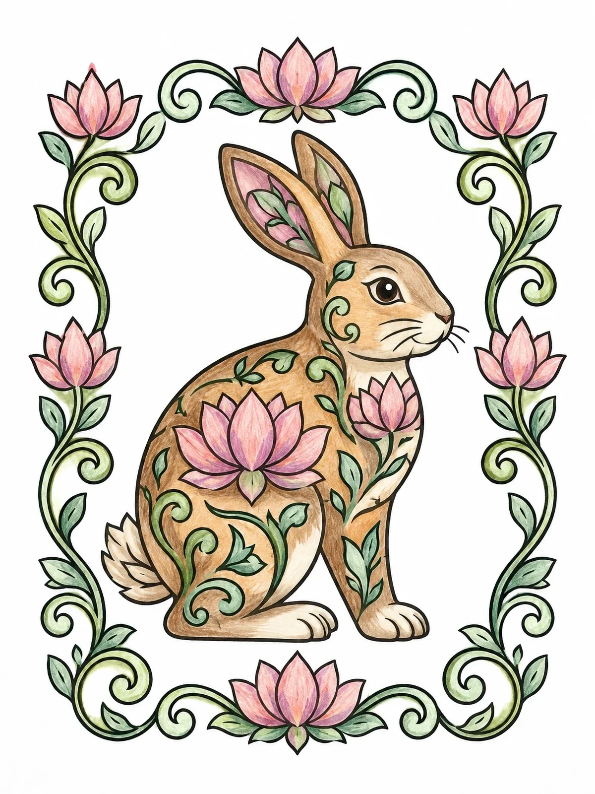 Colored example of the Chinese Zodiac Rabbit With Lotus Patterns coloring page