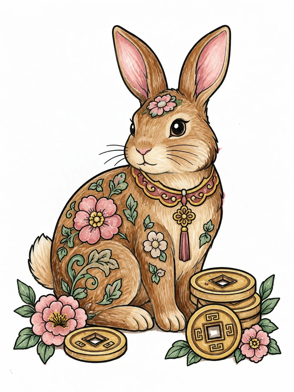 Colored example of the Chinese Zodiac Rabbit With Lucky Coins coloring page