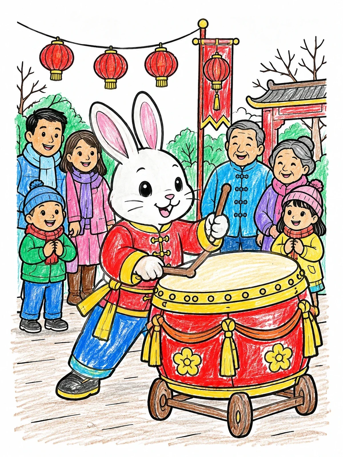 Colored example of the Festival Rabbit Playing Big Drum coloring page