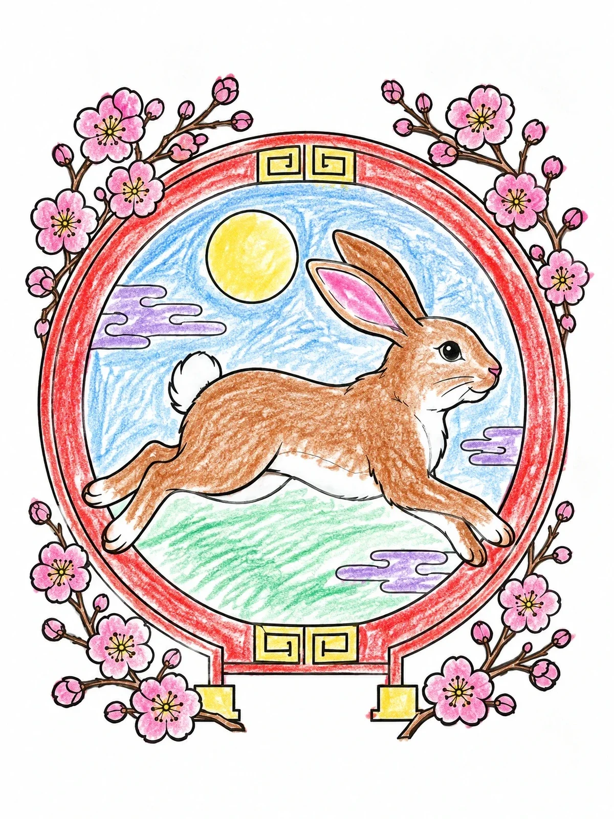 Colored example of the Chinese Zodiac Rabbit And Plum Blossoms coloring page