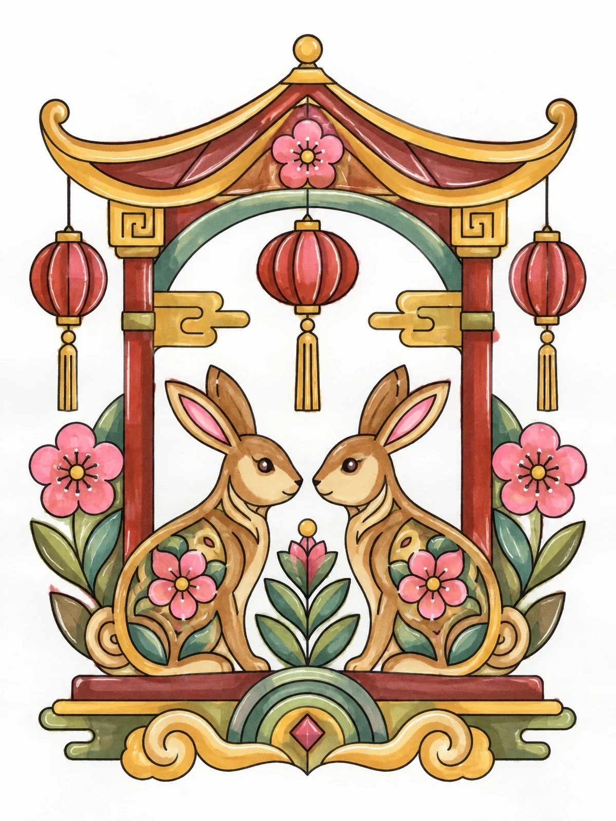 Colored example of the Symmetrical Rabbits Under Pagoda Arch coloring page
