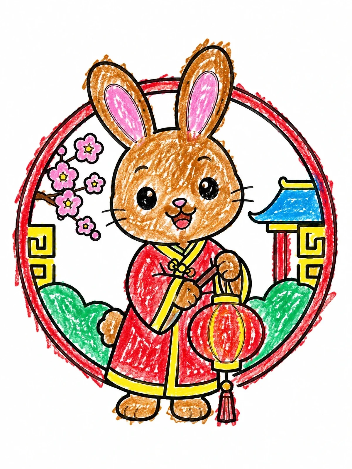 Colored example of the Cute Chinese Zodiac Bunny With Lantern coloring page