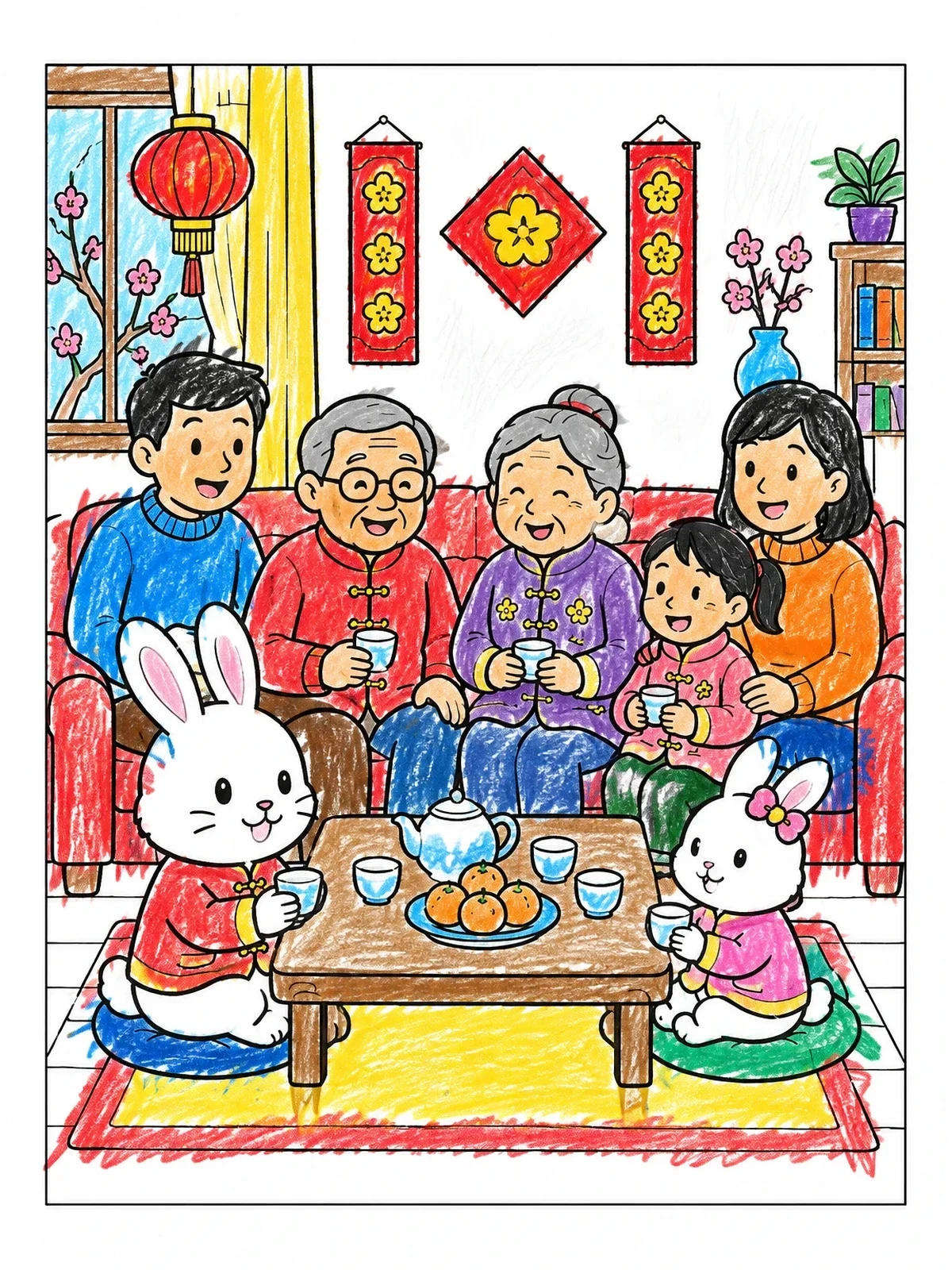 Colored example of the Family Tea Time With Rabbits coloring page