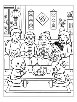 Free printable Family Tea Time With Rabbits coloring page