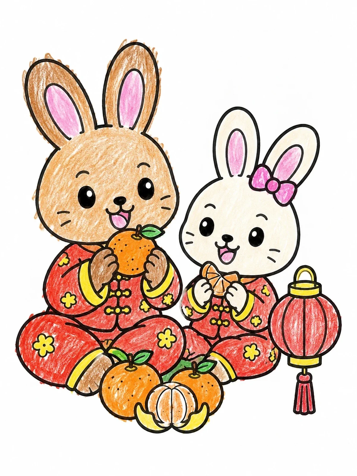 Colored example of the Cute Rabbit Siblings With Oranges coloring page